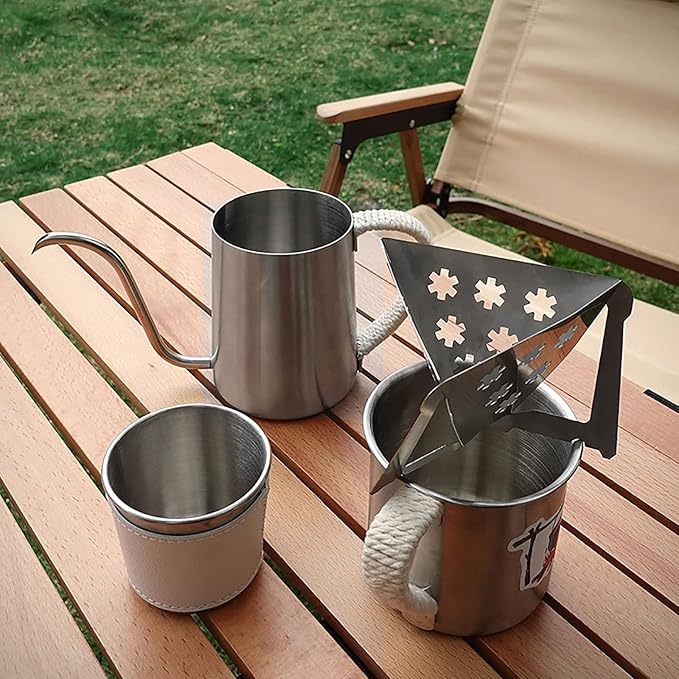 Pour Over Coffee Maker Set with Gooseneck Kettle Stainless Steel Hollow Filter Holder with Paper Coffee FiltersDIY Manual Coffee Maker Set for Coffee Lovers