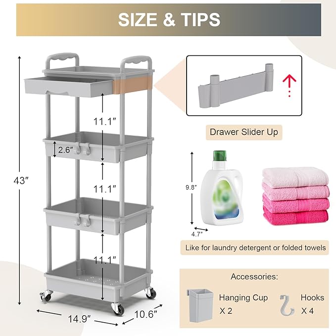 Goovilla 4 Tier Rolling Utility Cart Organizer with Removable Drawer Stable and Sturdy Grey Rolling Storage Carts with 2 Lockable Wheels for Bathroom Kitchen Snack Craft Makeup Baby Essentials