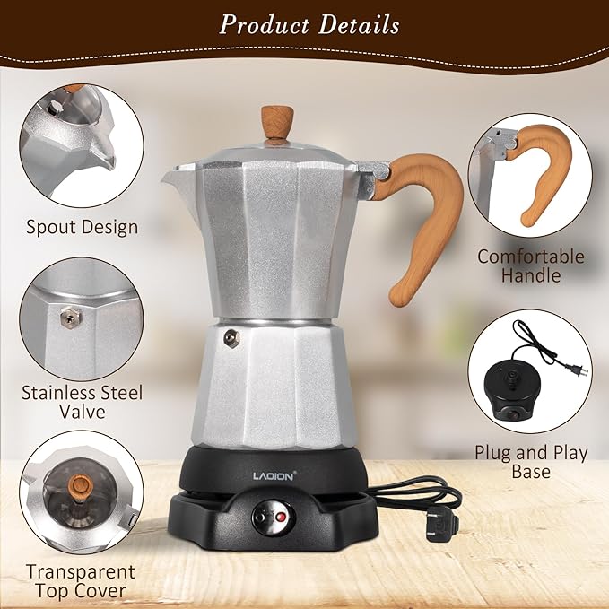 Cafeteras Electricas Modernas6 Cup Portable Espresso Maker300ml Moka Pot with Detachable Base &amp Overheat Protection Great for HomeOffice or Travel a Thoughtful Gift for Coffee Lovers