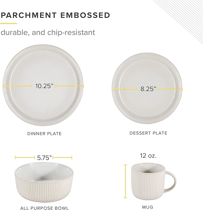 TABLE 12 Dinnerware Set Parchment Embossed Dish Set for 4 with Dinner Plates Dessert and Salad Plate Set Bowl Set and Mugs Simple Modern Kitchenware White 16-Piece