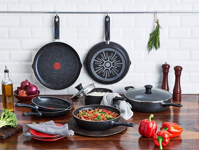T-fal Signature 9pc Cookware Set Non Stick pots and Pans Non Toxic Cookware Set Thermo-spot Heat Indicator Dishwasher Safe Black