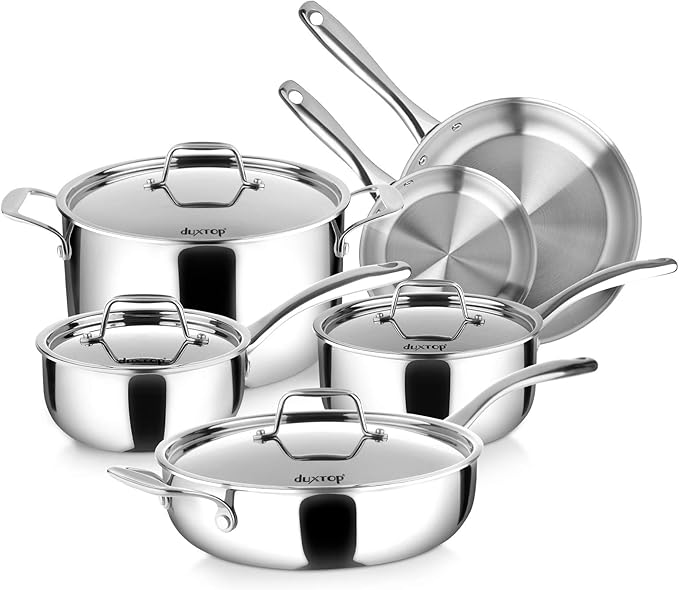 Duxtop Whole-Clad Tri-Ply Stainless Steel Induction Cookware Set 10PC Kitchen Pots and Pans Set &amp Whole-Clad Tri-Ply Stainless Steel Stockpot with Lid 8 Quart Kitchen Induction Cookware