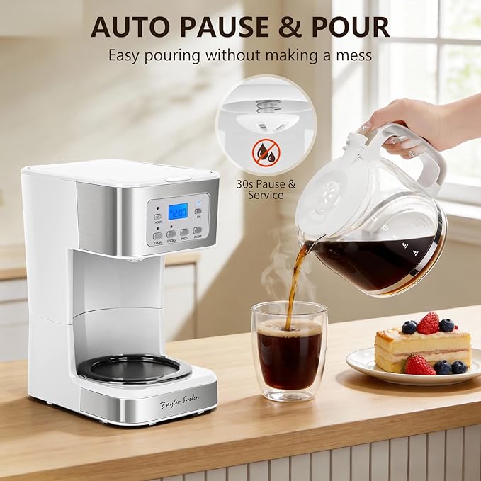 Taylor Swoden 12-Cup Programmable Coffee Maker Regular &amp Strong Brew Drip Coffee Machine for Home and Office Glass Carafe Pause &amp Serve Auto Shut Off White &amp Stainless Steel
