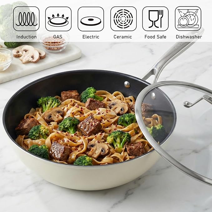 TeChef ValenCera Collectioin | Ceramic Nonstick Flat Bottom Wok Stir Fry Pan with Lid Nontoxic - Free of PFOA PTFE PFAS Induction Ready Oven Safe Made in Korea (Wok/Stir Fry Pan with Lid 12-in)