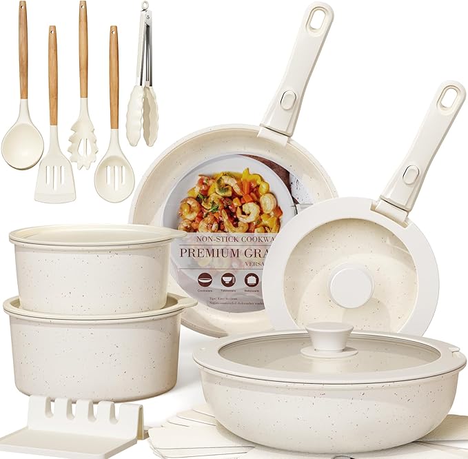 Astercook 34 Pcs Pots and Pans Set Non StickCeramic Cookware Set Detachable Handle with Kitchen Knives Set