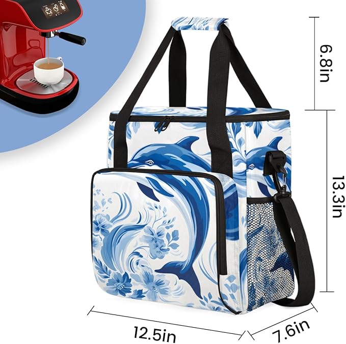 Blue Dolphin Coffee Maker Carrying Bag Flowers Portable Travel Storage Tote Bag Compatible with K-Mini or K-Mini Plus Single Serve Coffee Brewer Carrying Case with Multiple Pockets &amp Shoulder St