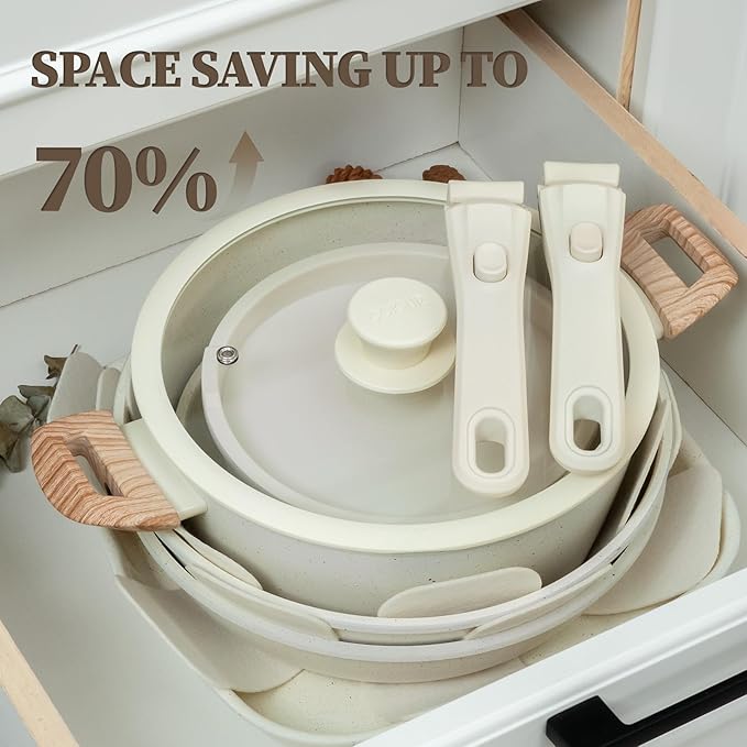 23Pcs Ceramic Cookware Set Non Stick Pots and Pans Set Non Toxic with Detachable Handle Induction Kitchen Cookware Set Space Saving Oven &amp Dishwasher Safe Cream White