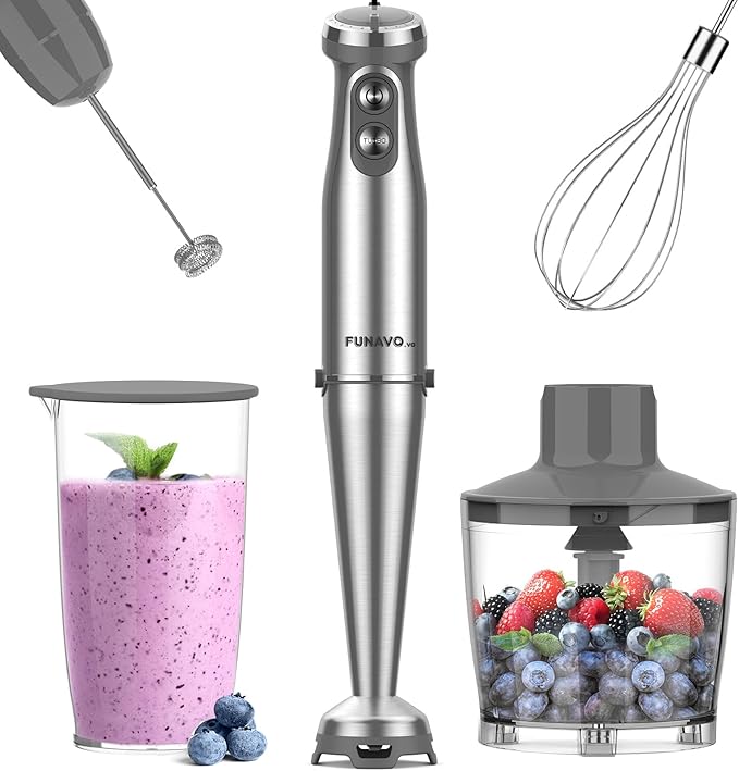 Immersion Blender 1000W Anti-scratch 5-in-1 Hand Blender Upgraded 12 Speed Stainless Steel Blade Stick Blender with Turbo Mode 20oz Beaker 17oz Chopping Bowl Whisk BPA-Free