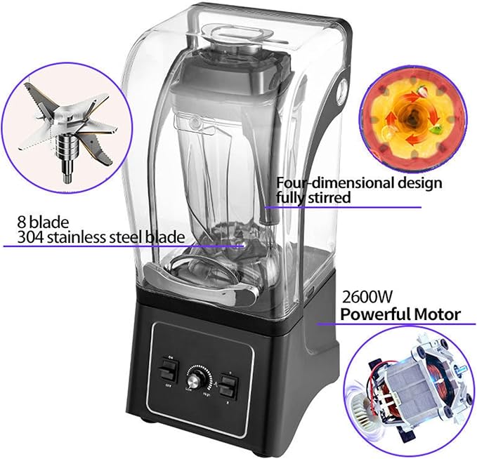 Professional Blender Commercial Quiet Blender Soundproof Blender 2500ML with Cover for Crushing IceSmoothiePureeBlender