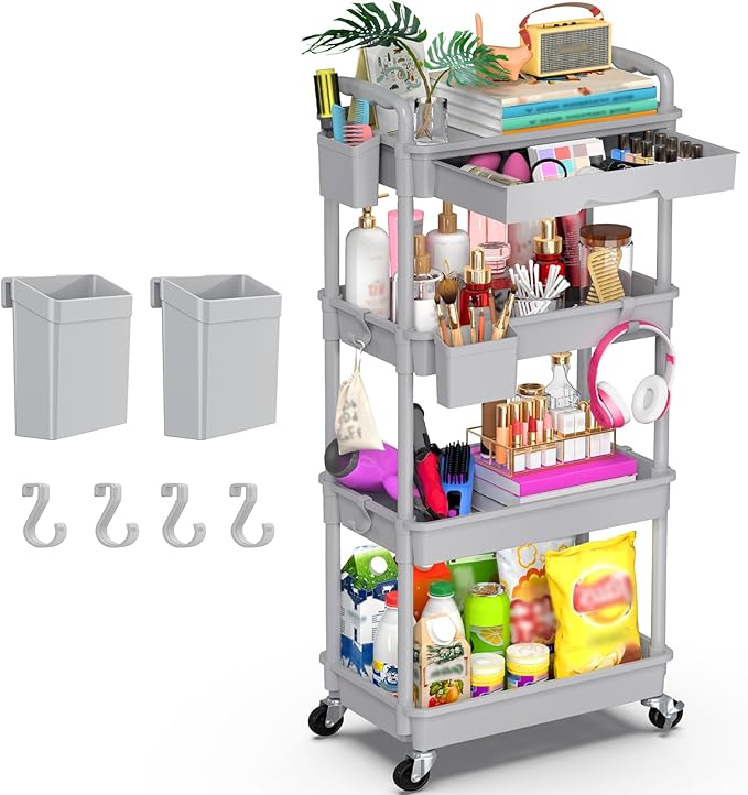 Goovilla 4 Tier Rolling Utility Cart Organizer with Removable Drawer Stable and Sturdy Grey Rolling Storage Carts with 2 Lockable Wheels for Bathroom Kitchen Snack Craft Makeup Baby Essentials