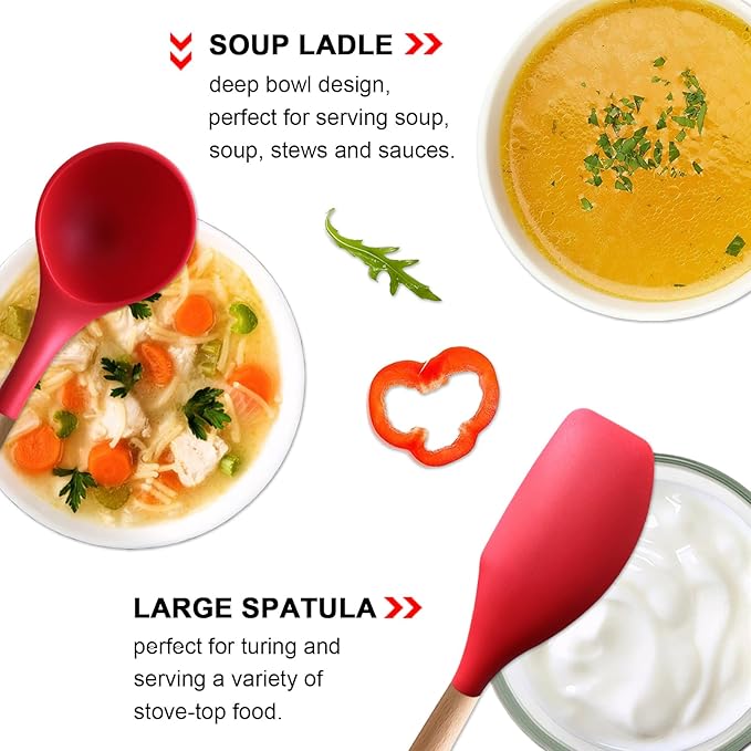 Silicone Cooking Utensils Set 5Pcs Non-Stick Silicone Kitchen Utensils for Cooking Heat Resistant Kitchen Gadgets Spatula Spoon Turner Set with Wooden Handles for Non-Stick Cookware BPA Free