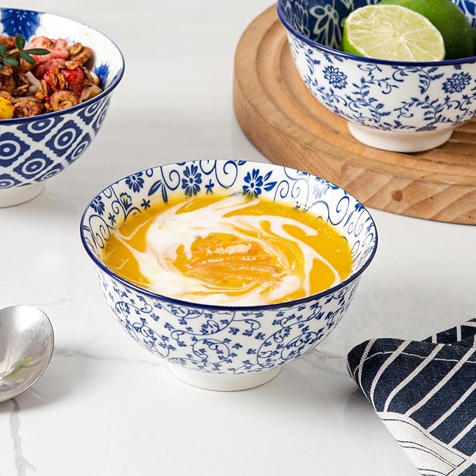 18 Pieces Ceramic Dinnerware - 12 Oz Dessert Bowls and 10.5 Inch Dinner Plates and 24 Oz Cereal Bowls Sets - Service for 6 - Vintage Blue