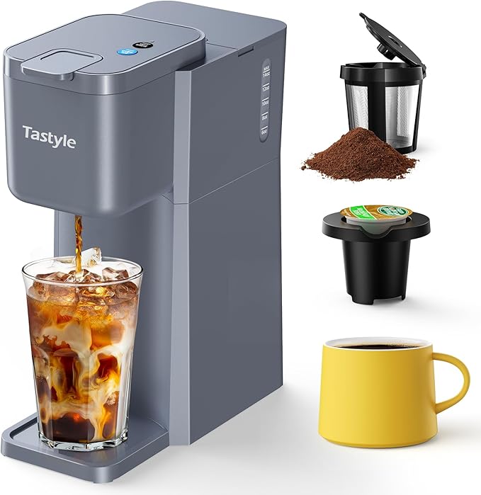 Mini Hot and Iced Coffee Maker Single Serve for K Cup and Ground 6 to 14 Oz Brew Sizes with Recipe Book for Home Travel RV Office and Dorm Elegant Gray