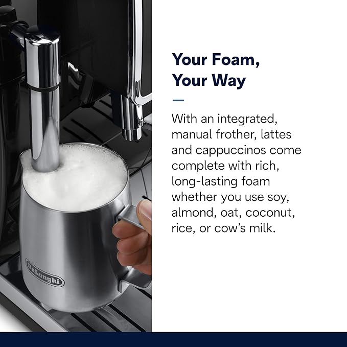 De'Longhi Dinamica Espresso Machine Black - Automatic Bean-to-Cup Brewing Built-In Steel Burr Grinder &amp Manual Frother - One-Touch Hot &amp Iced Coffee - Easy Cleanup