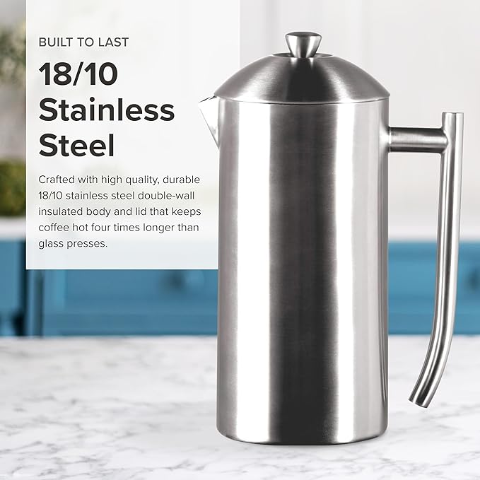 Frieling Coffee Press Stainless Steel French Press Coffee Maker - 44 oz Brushed Stainless Steel - Double-Walled Insulated Zero Sediment Filter - For Home &amp Camping