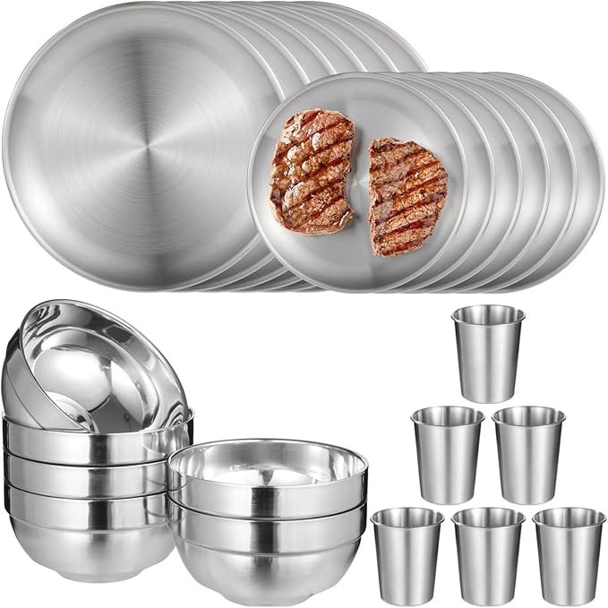 24 PCS Stainless Steel Dinnerware Set Includes 12PCS 6.7 &amp 10.2 in Plates 6 Pieces Bowls and 6 Pieces Cups 304 Reusable Camping Mess Kits for Home Kitchen Dorm and Outdoor Picnic (Silver)