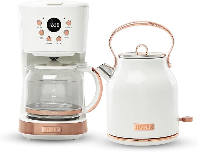 HADEN Coffee Machine 12 Cup Drip Coffee Maker Bundled with Heritage 1.7 Liter Stainless Steel Electric Kettle Ivory &amp Copper