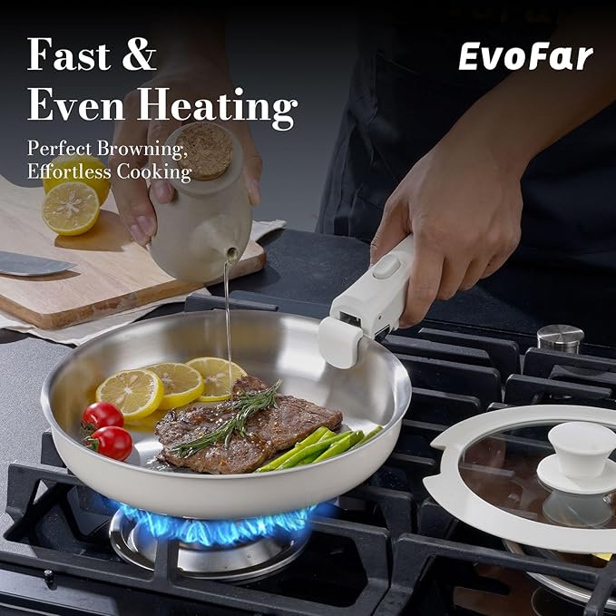 14 pcs Stainless Steel Cookware Set Detachable Pots and Pans Set with Removable Handle Non Toxic Space Saving RV Camping Cookware Set Induction Cookware Dishwasher &amp Oven Safe