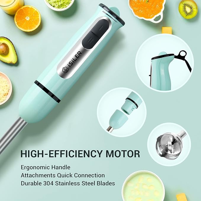 Immersion Hand Blender ISILER 5-in-1 500-Watt Multi-Purpose Stick Blender with 860ml Food Chopper 600ml Container Milk Frother Egg Whisk 8-Speed for Puree Infant Food Smoothies Soups