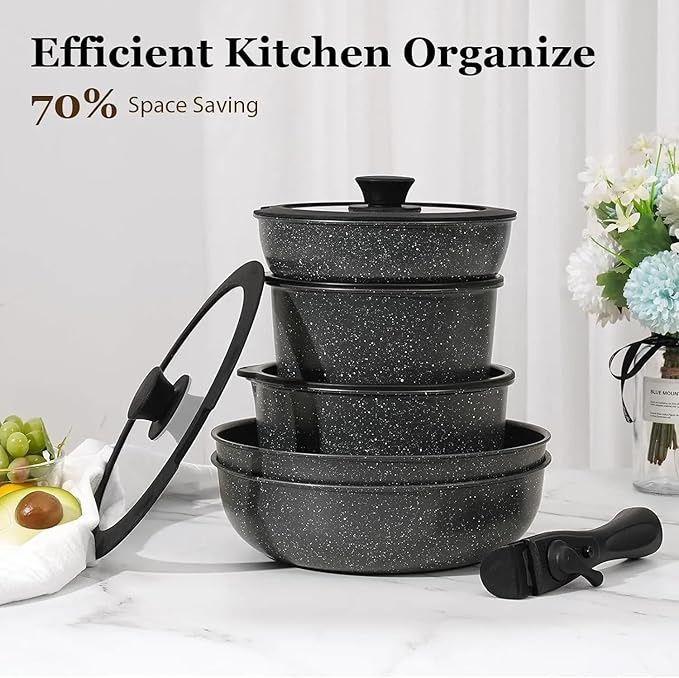 Black 15Pcs Pots and Pans Set Nonstick Kitchen Cookware Set with Removable Handle Stackable Healthy Non Stick Cookware Set Oven Safe &amp PFOA Free