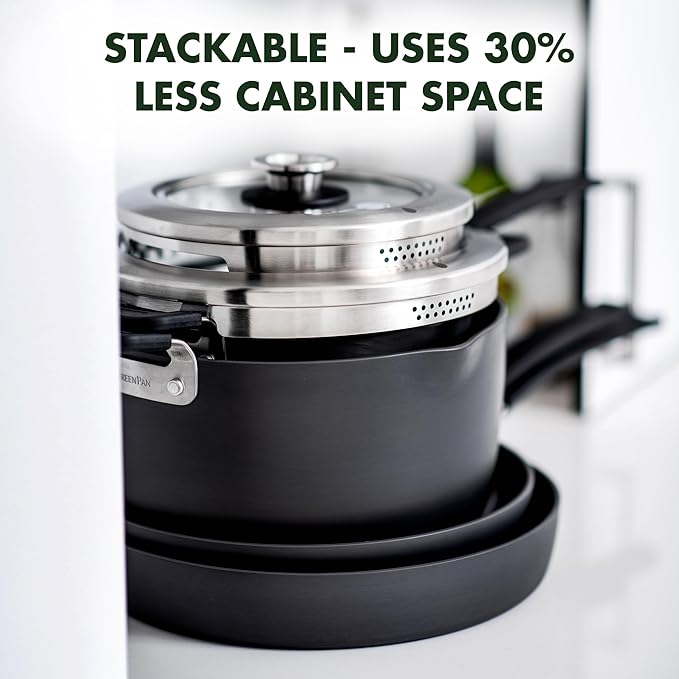 GreenPan Levels Stackable Hard Anodized Healthy Ceramic Nonstick 6 Piece Cookware Pots and Pans Set PFAS-Free Dishwasher Safe Black