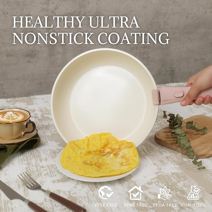 Ceramic Cookware Set Non Stick 8Pcs Pots and Pans Set Detachable Handle Induction Kitchen Cooking Set with Frying Pans Oven Dishwasher Safe PFAS/PFOA Free Pink