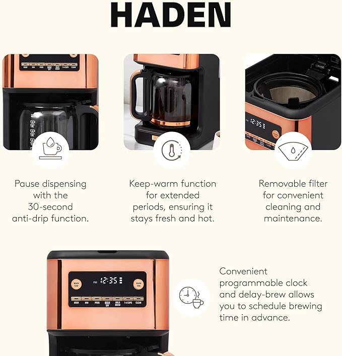 HADEN Generous Brew 14 Cup Coffee Maker with 120 Minute Keep Warm Delay Brew Adjustable Strength Programmable Clock and Anti Drip Black/Copper
