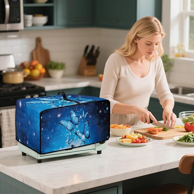 Faux Linen Polyester Toaster Oven Cover Scratch Resistant Appliances Dust Cover with Top Handle Storage Pockets for Home Kichen Appliances Butterfly Sea Surface