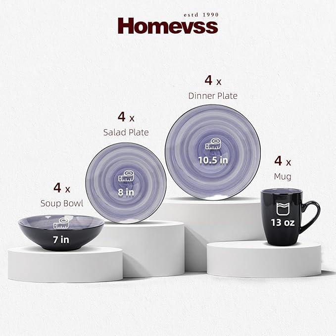 Sonoma Stoneware 16pc Dinnerware Set Outside Black + Inside Hand Painting Color Cobalt