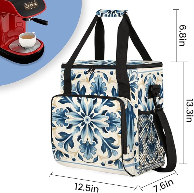 Blue Flower Coffee Maker Travel Bag for Keurig K-Mini/K-Mini Plus Insulated Waterproof Tote with Pockets for K-Cup Portable Single-Serve Brewer Case