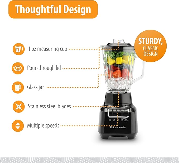 Toastmaster 400 Watt Blender with 48 oz Glass Jar - For Fruit Smoothies Shakes &amp More - Powerful Kitchen Blender with Multiple Speeds - Stainless Steel Blades