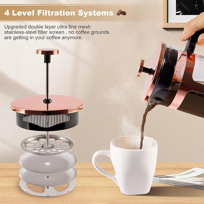 French Press Coffee Tea Maker Upgrade Heat Cold Resistant Thickened Glass with 4 Level Stainless Steel Filtration System Brew Coffee &amp Tea BPA Free Large 1000ml 34oz Rose Gold