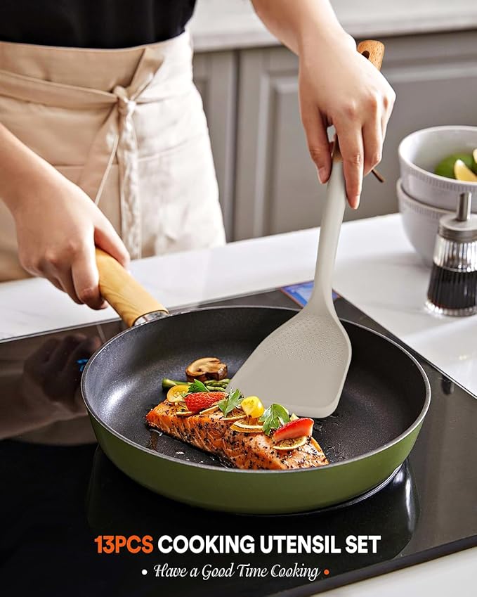 Kitchen Utensils Set 13PCS Silicone Cooking Utensils Heat Resistant Kitchen Utensil Spatula Set for Nonstick Cookware Wooden Handles Kitchen Gadgets Tools Set