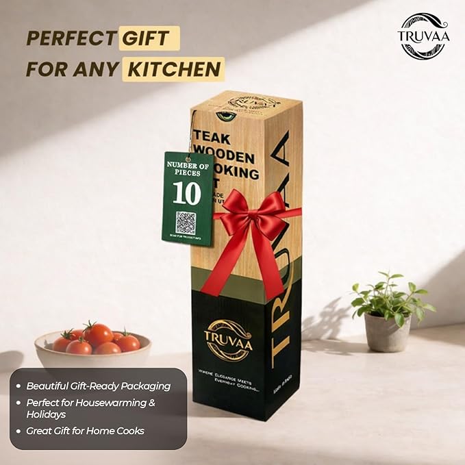 Wooden Spoons for Cooking – 10 Piece Teak Wood Cooking Utensils Set Wooden Spatula &amp Spoon Set for Nonstick Cookware Natural Heat Resistant Kitchen Tools with Gift Box