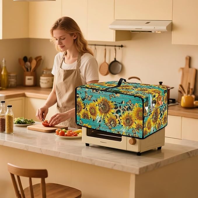 Sunflower Butterfly Print Toaster Oven Dust Cover Wooden Board Print Heat-resistant Heavy Duty Microwave Oven Protective Cover Air Fryer Covers (Medium-16.1×19.71×10 inches)