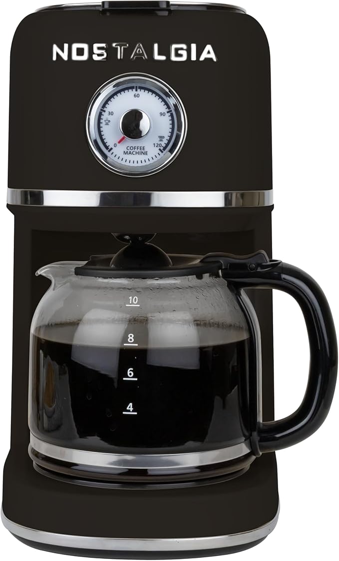 Nostalgia Classic Retro 10 Cup Coffee Maker - One-Touch Drip Brew Reusable Filter - Anti-Drip Auto Shutoff &amp Time Display - Dishwasher Safe 50 oz Carafe - Black