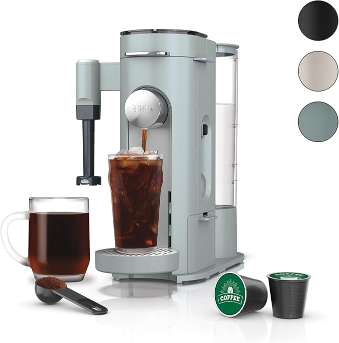 Ninja Pods &amp Grounds Specialty Single-Serve Coffee Maker Compatible with K-Cups Built-In Milk Frother 6-oz. Cup to 24-oz. Travel Mug Sizes Iced Coffee Maker Glacier Blue PB051GB (Renewed)