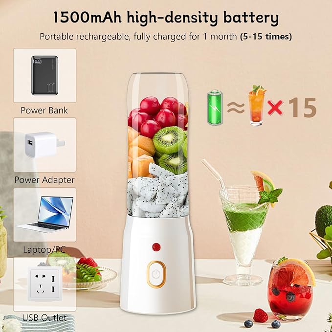 Personal Size Blender for Shakes and Smoothies15.6 oz Portable Blender with 10 BladesRechargeable Mixers Fresh Fruit JuicersMultifunctional Blender with 2 cupsFor TravelSportsOuting 01-white