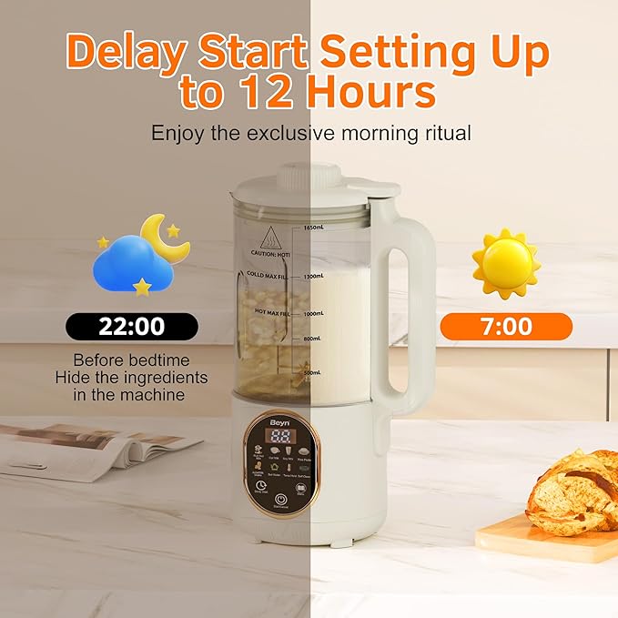 Beyn 10-in-1 Automatic Nut Milk Maker Machine 60oz Large Capacity with 𝟒𝟖 𝐓𝐢𝐭𝐚𝐧𝐢𝐮𝐦 Blades &amp Self-Cleaning. for Homemade Almond Soy Oat Milk Milkshake (Cream)