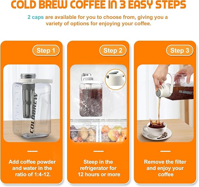 Cold Brew Coffee Maker 68oz Iced Coffee Tritan Pitcher with Filter 2 Pour Spout Lids For Airtight &amp Leak-Proof Coffee Barrel(Black)