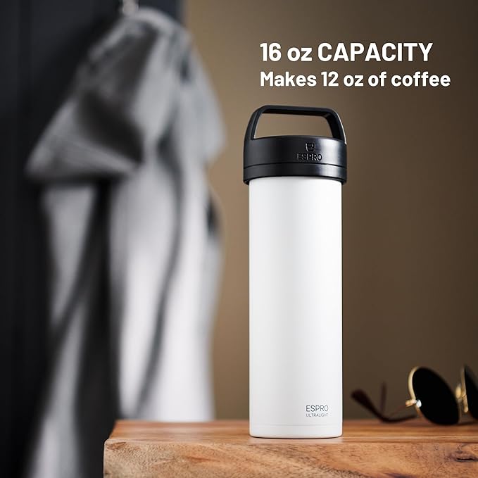 ESPRO P0 Ultralight French Press Coffee Maker for Travel Vacuum Insulated Stainless Steel 16 Ounces Chalk White