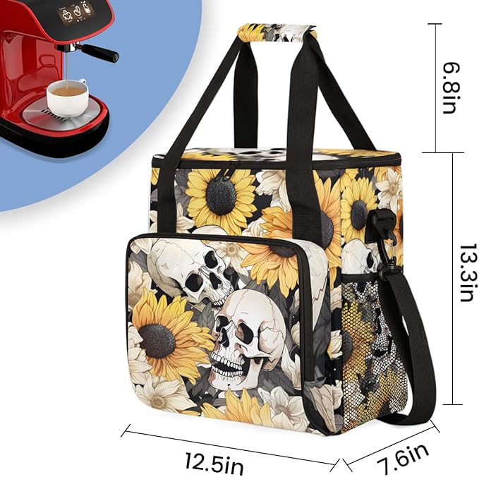 Skull Coffee Maker Carrying Bag Sunflowers Portable Travel Storage Tote Bag Compatible with K-Mini or K-Mini Plus Single Serve Coffee Brewer Carrying Case with Multiple Pockets &amp Shoulder Strap