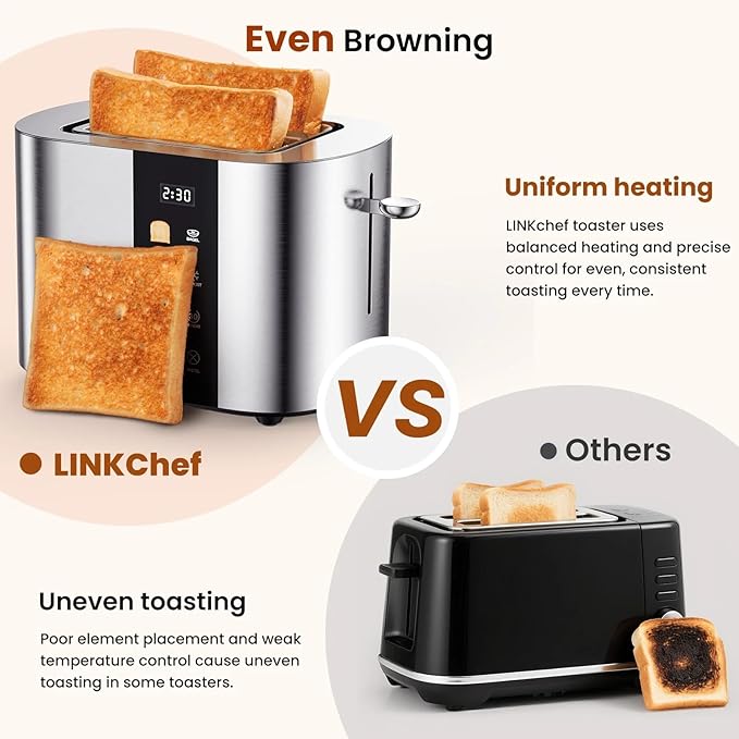 LINKChef 2 Slice Toaster Extra-Wide 1.5 Slots Touch Screen Control | Stainless Steel Bagel/Defrost/Reheat Functions