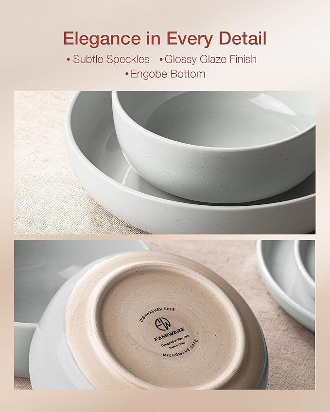 Famiware Milkyway Stoneware Dinnerware Sets with Pasta Bowls Service for 6 (24 Pieces) Plates and Bowls Sets -Scratch Resistant Microwave and Dishwasher Safe Dishes Set Light Gray