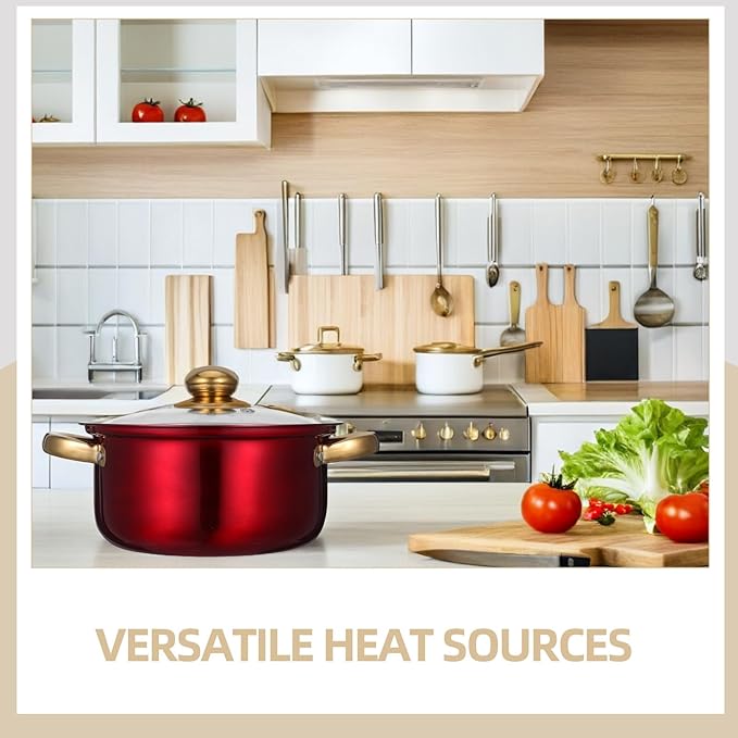 Toyvian Stainless Steel Cookware Set - 12-Piece Red Nonstick Pots And Pans With Clear Glass Lids For Induction Cooktop - Milk And Frying Pan Kitchen Essentials Dishwasher Safe