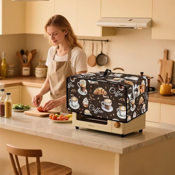 Dustproof Toaster Oven Cover Heat-Resistant Microwave Grill Cover Protector Faux Linen Polyester Dust Covers Case Protections for Toaster Oven Coffee Croissant