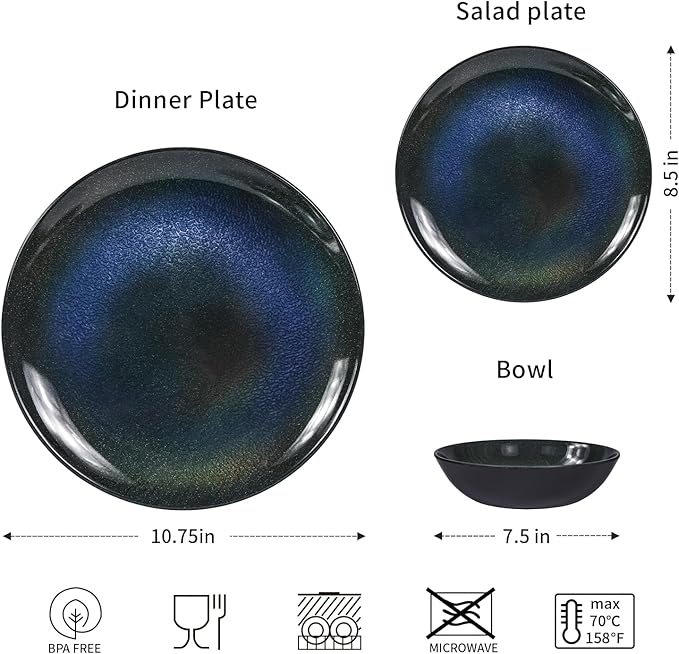 Melamine Dinnerware Set 12pcs Plates and Bowls Set Blue Dinner Dishes Set for Indoor and Outdoor BPA-Free Dishwasher Safe