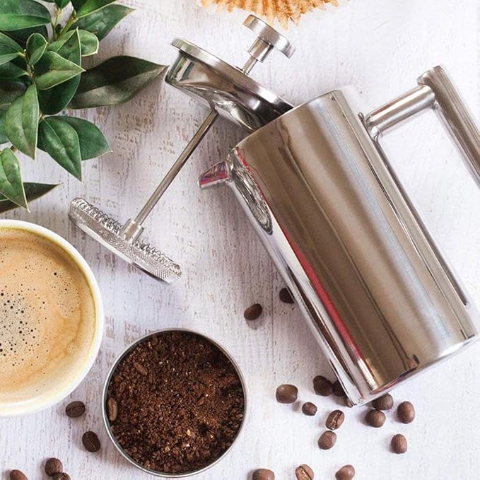 TopHomer French Press Coffee Maker Stainless Steel Insulated Insulation Coffee Maker with U Shape Spout Reusable Filter Basket Dishwasher Safe Silver(800ml)