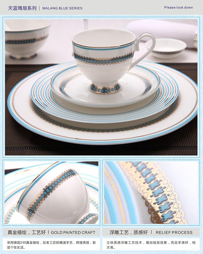 European Style Dinnerware Set Service for 4 Bone China Dinnerware Sets Unbreakable Porcelain Dinner Sets Coffee Cup and Saucer Tableware Set Steak Dinner Plates Dish Set Sky Blue Malang-2