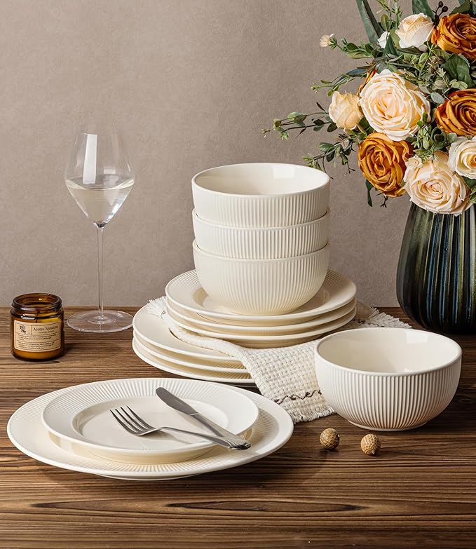 TheTerra Stoneware Dinnerware Sets for 4 12 Pieces Ceramic Plates and Bowls Sets Scratch Resistant Embossed Dish Set Oven Microwave &amp Dishwasher Safe Beige
